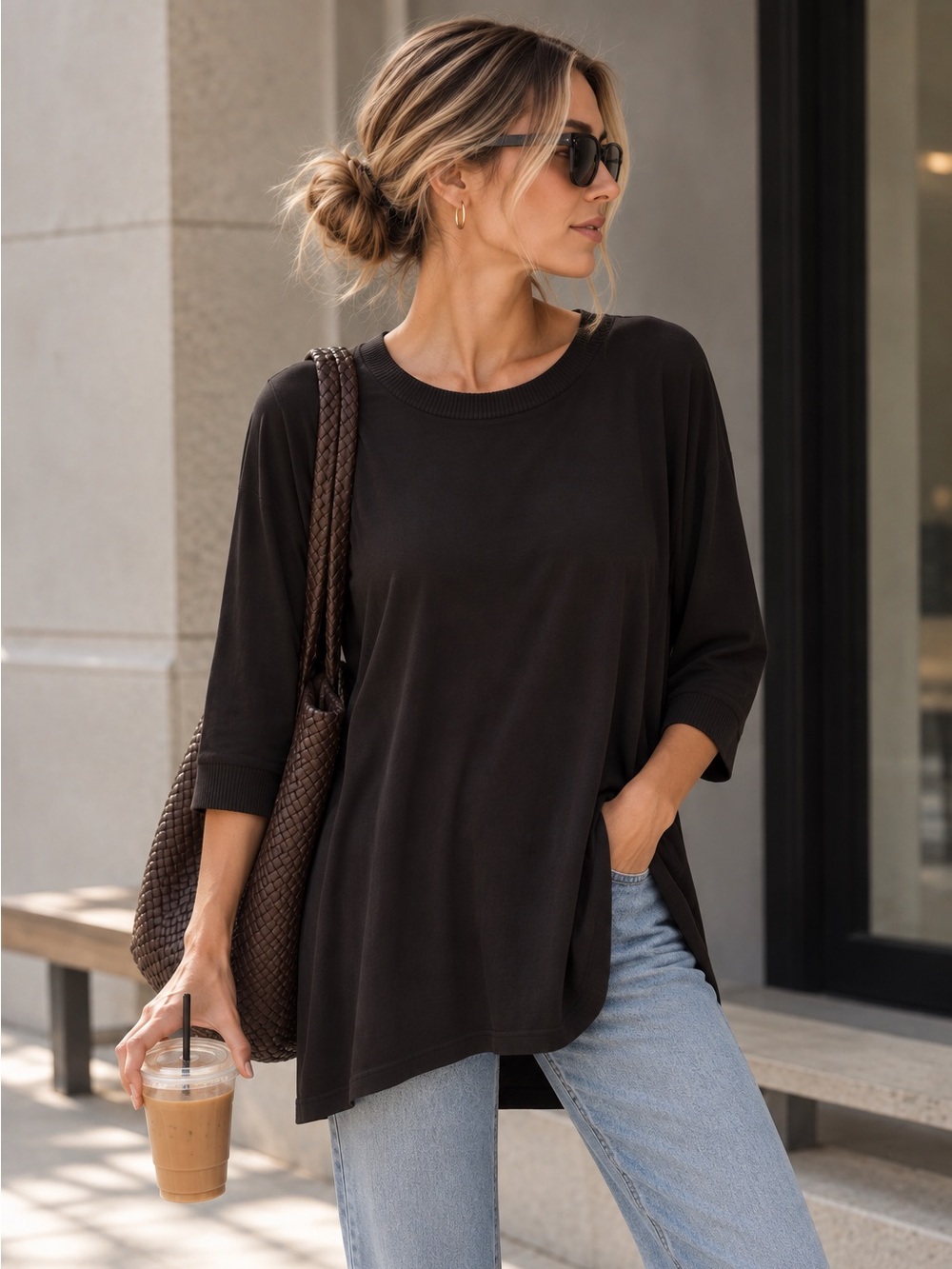 Cable & Gauge Ribbed Knit Tunic Top Black 1X